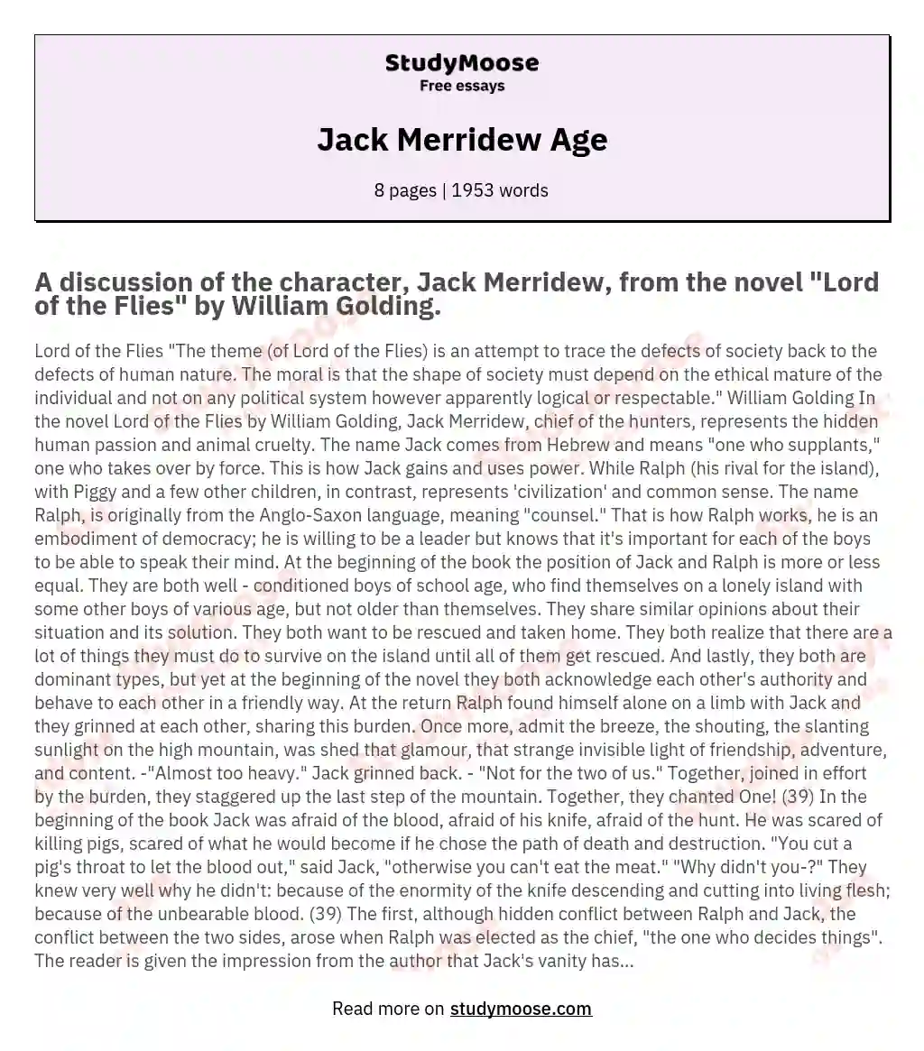 Jack Merridew Age essay