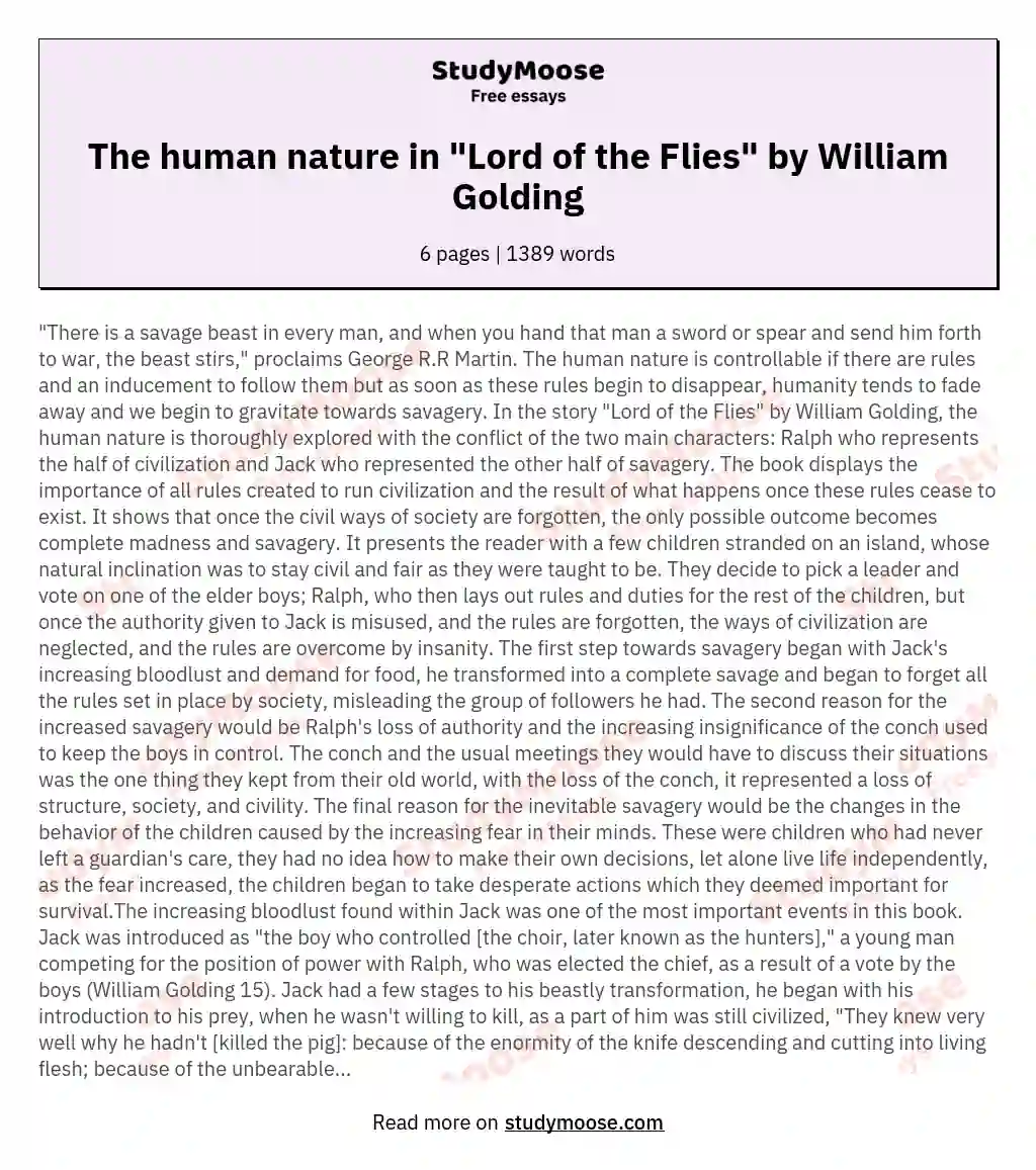 The human nature in "Lord of the Flies" by William Golding essay
