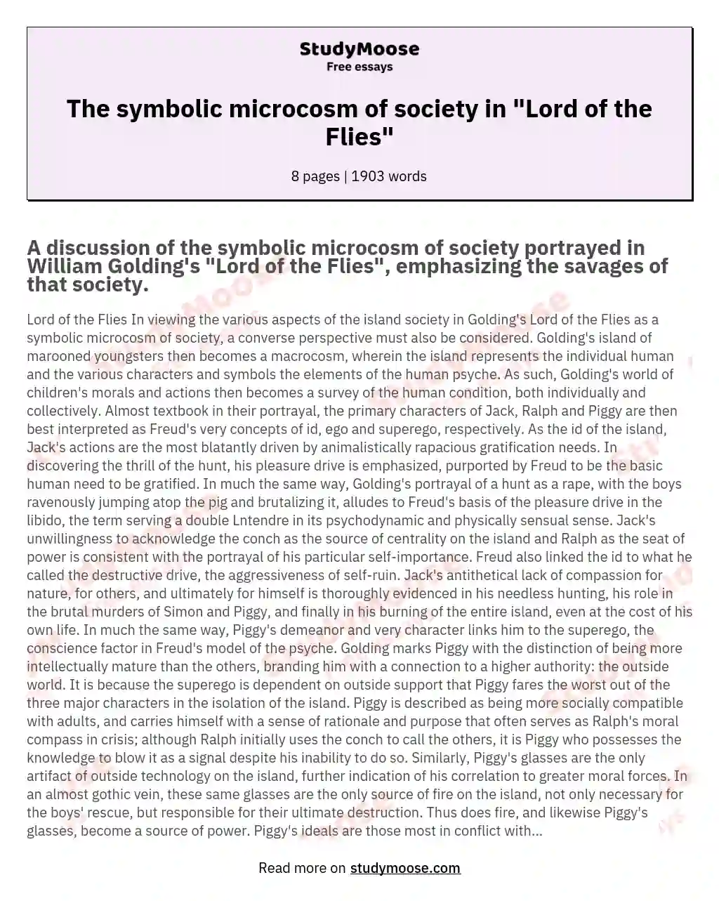 The symbolic microcosm of society in "Lord of the Flies" essay
