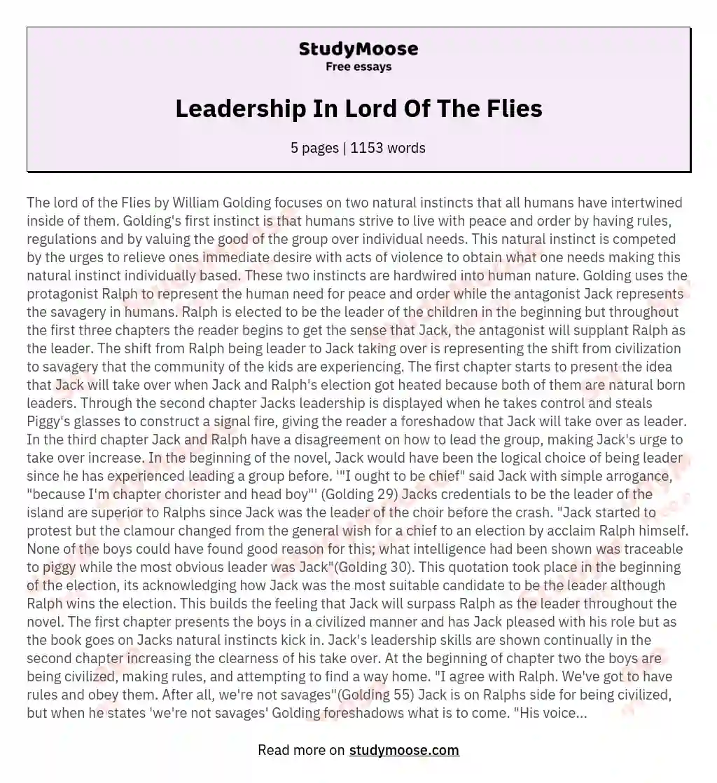 thesis statement for leadership in lord of the flies