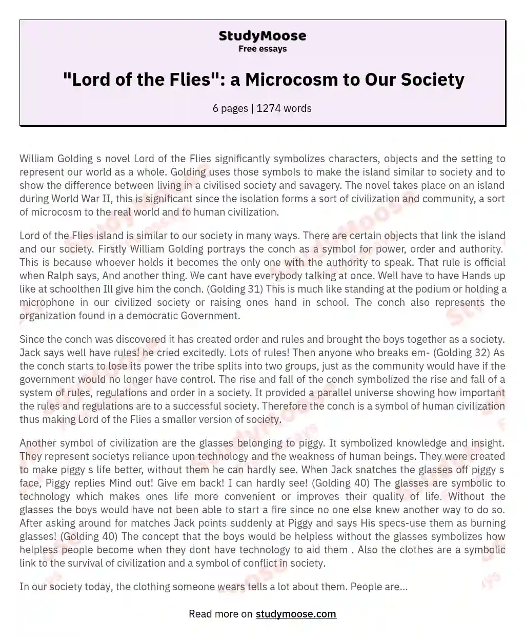 "Lord of the Flies": a Microcosm to Our Society essay