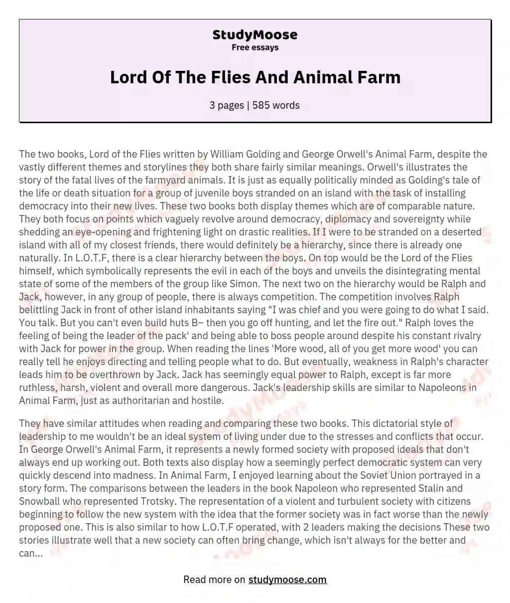 Lord Of The Flies And Animal Farm essay