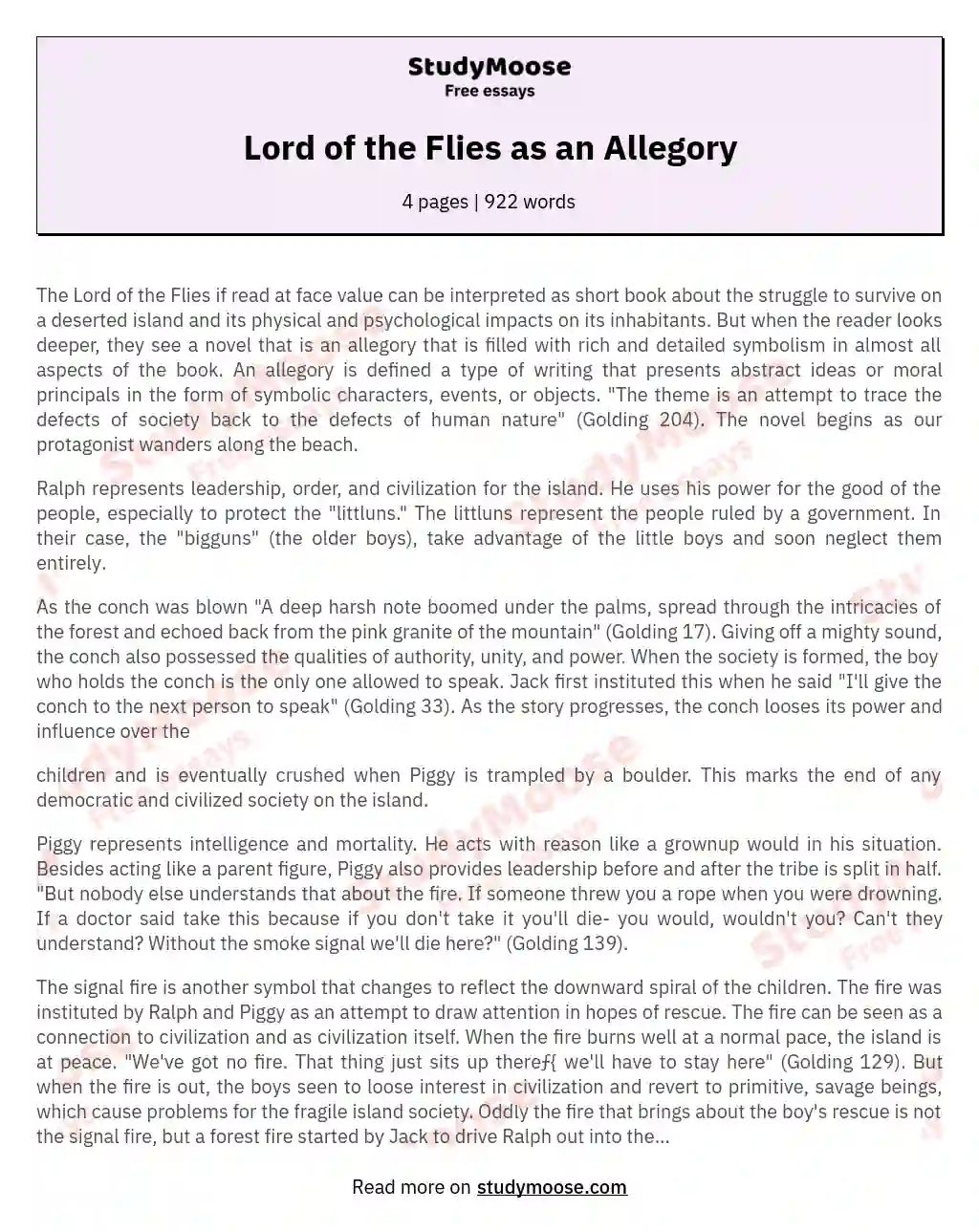 Lord of the Flies as an Allegory essay
