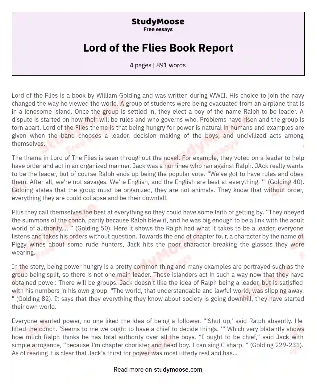 Lord of the Flies Book Report essay