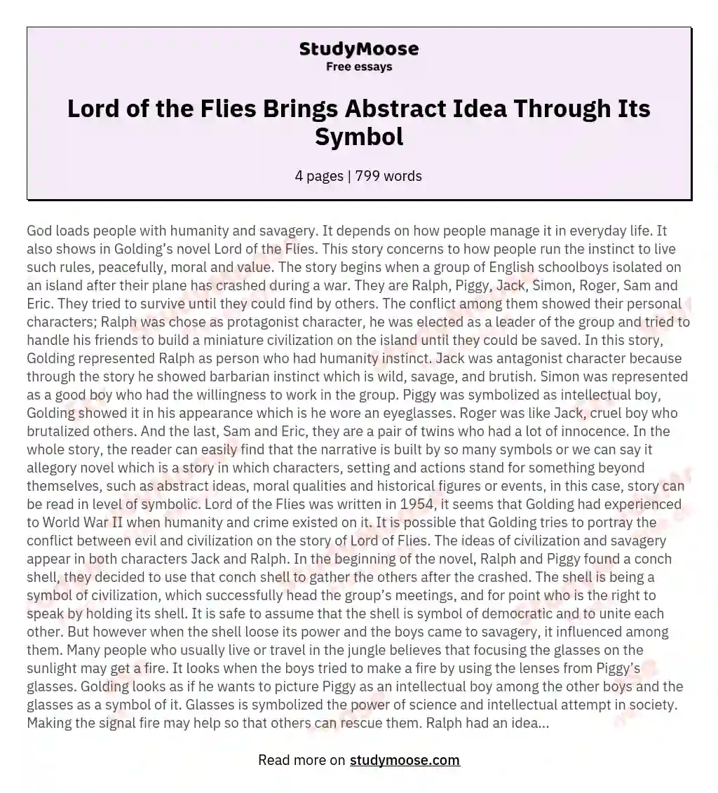 Lord of the Flies Brings Abstract Idea Through Its Symbol essay