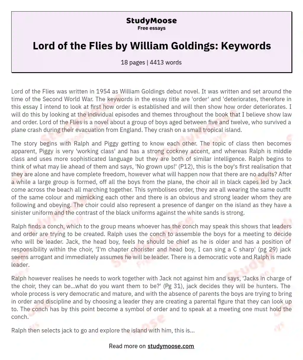 Lord of the Flies by William Goldings: Keywords essay
