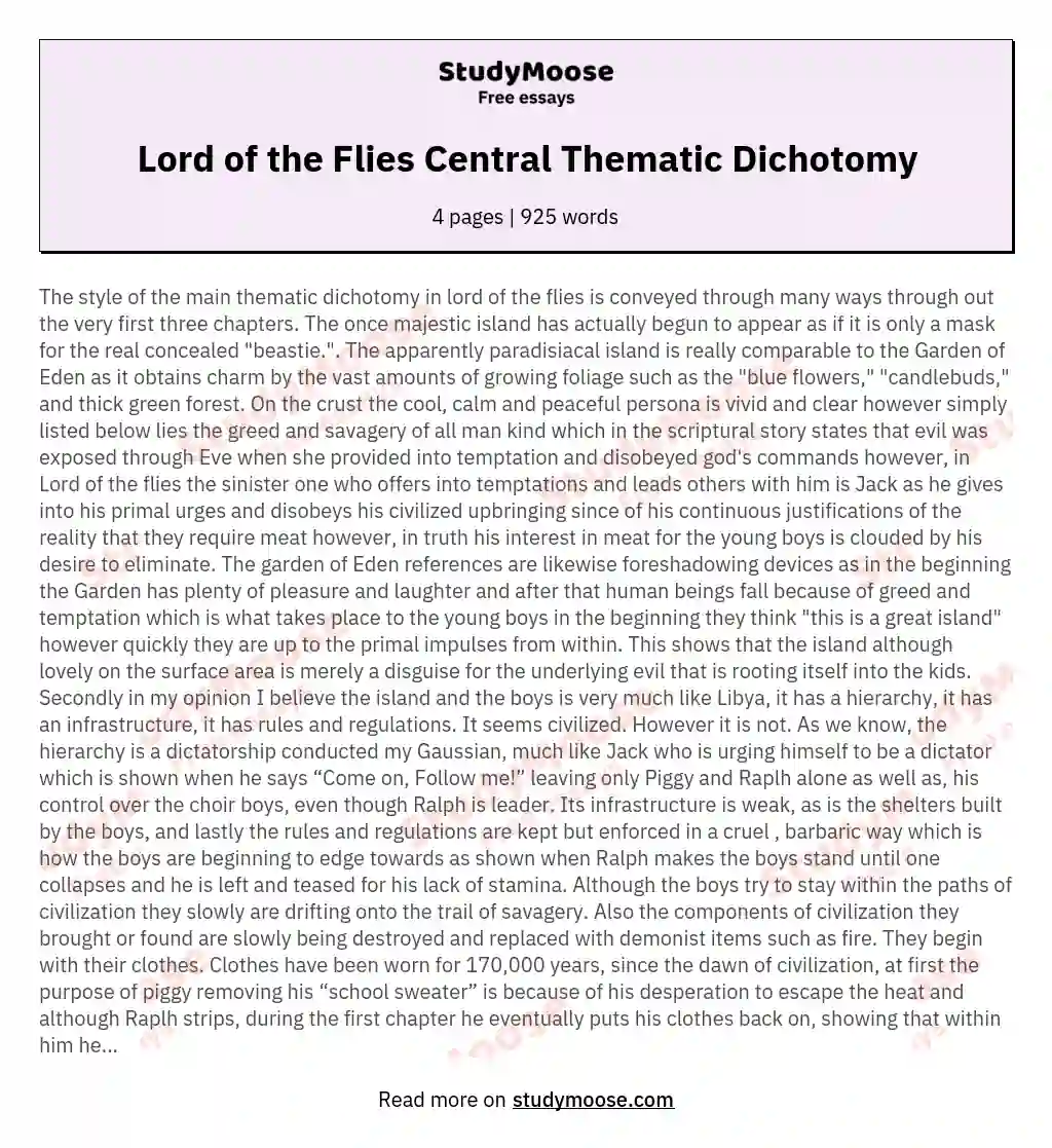 Lord of the Flies Central Thematic Dichotomy essay