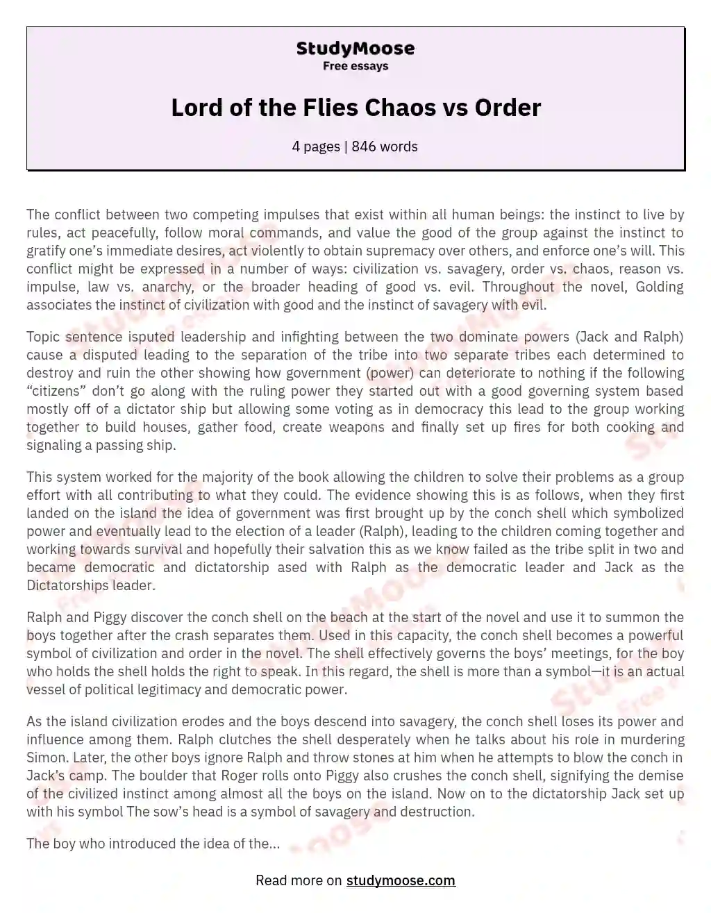 Lord of the Flies Chaos vs Order essay