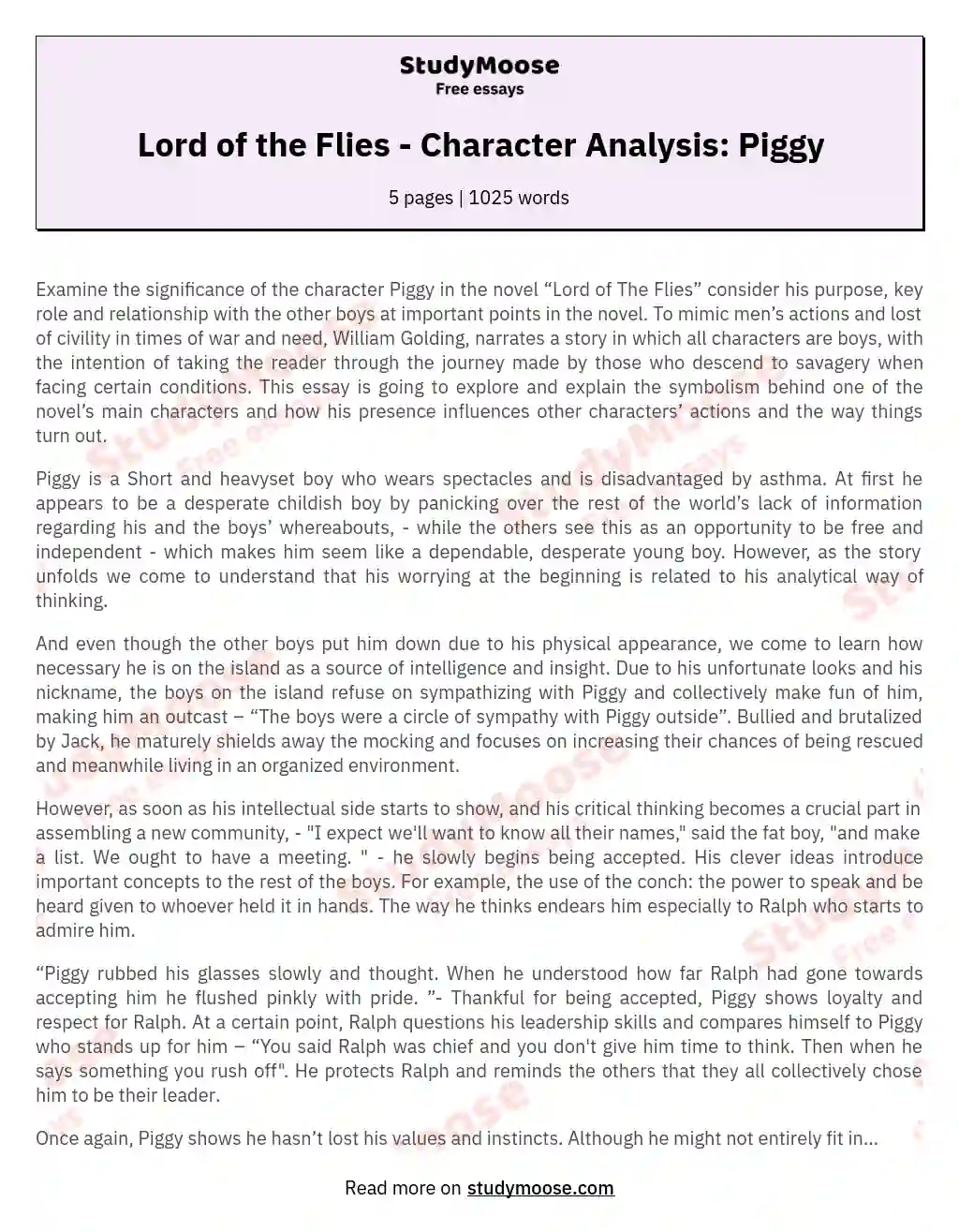 lord of the flies piggy essay