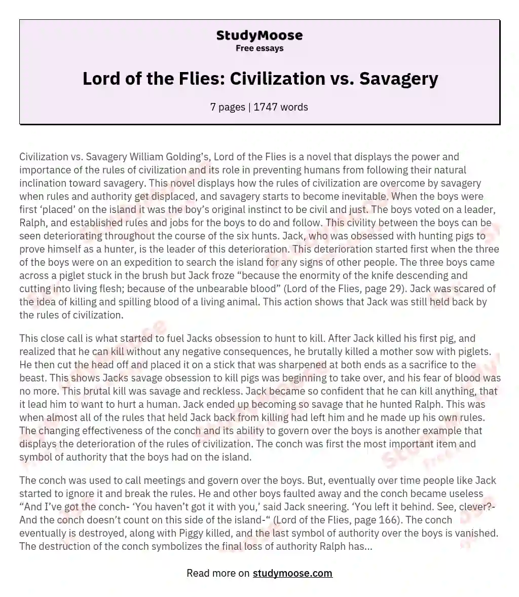 Lord of the Flies: Civilization vs. Savagery essay