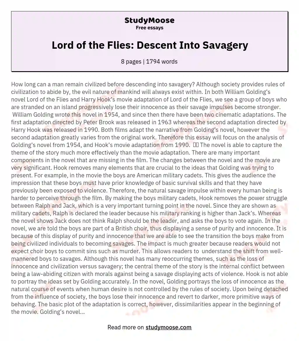 Lord of the Flies: Descent Into Savagery