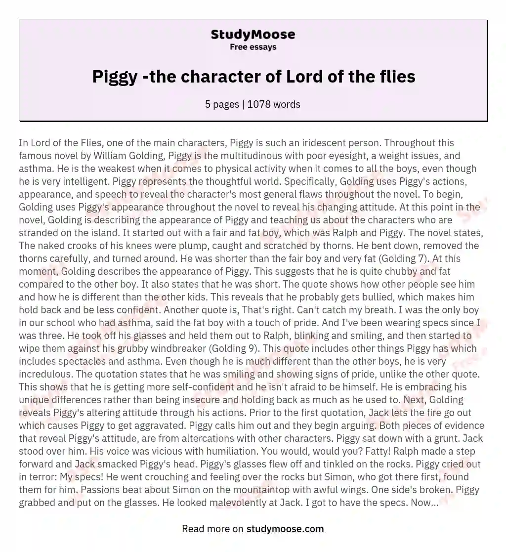 Piggy -the character of Lord of the flies essay