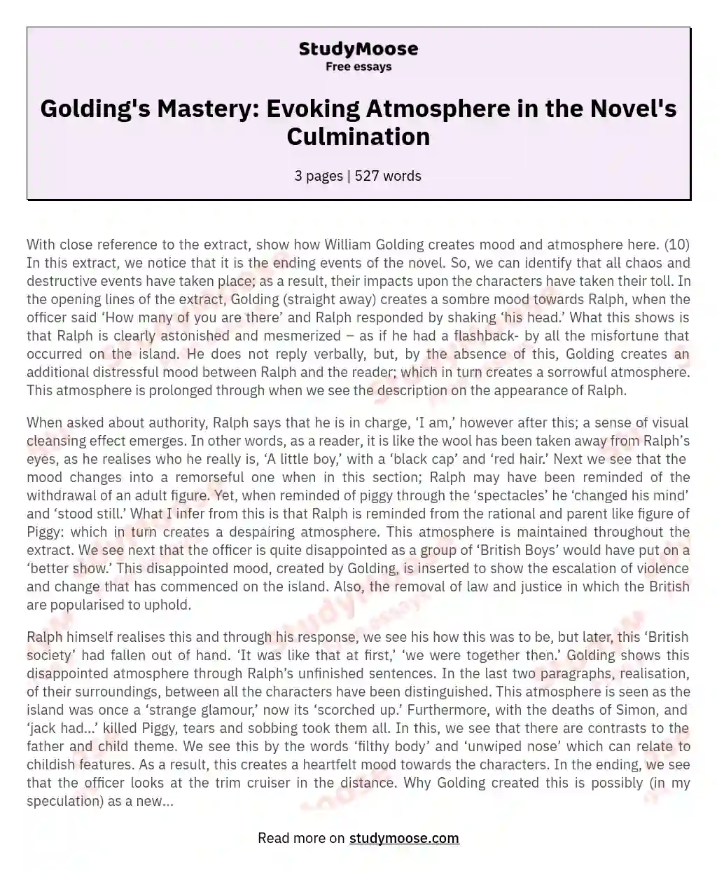 Golding's Mastery: Evoking Atmosphere in the Novel's Culmination essay