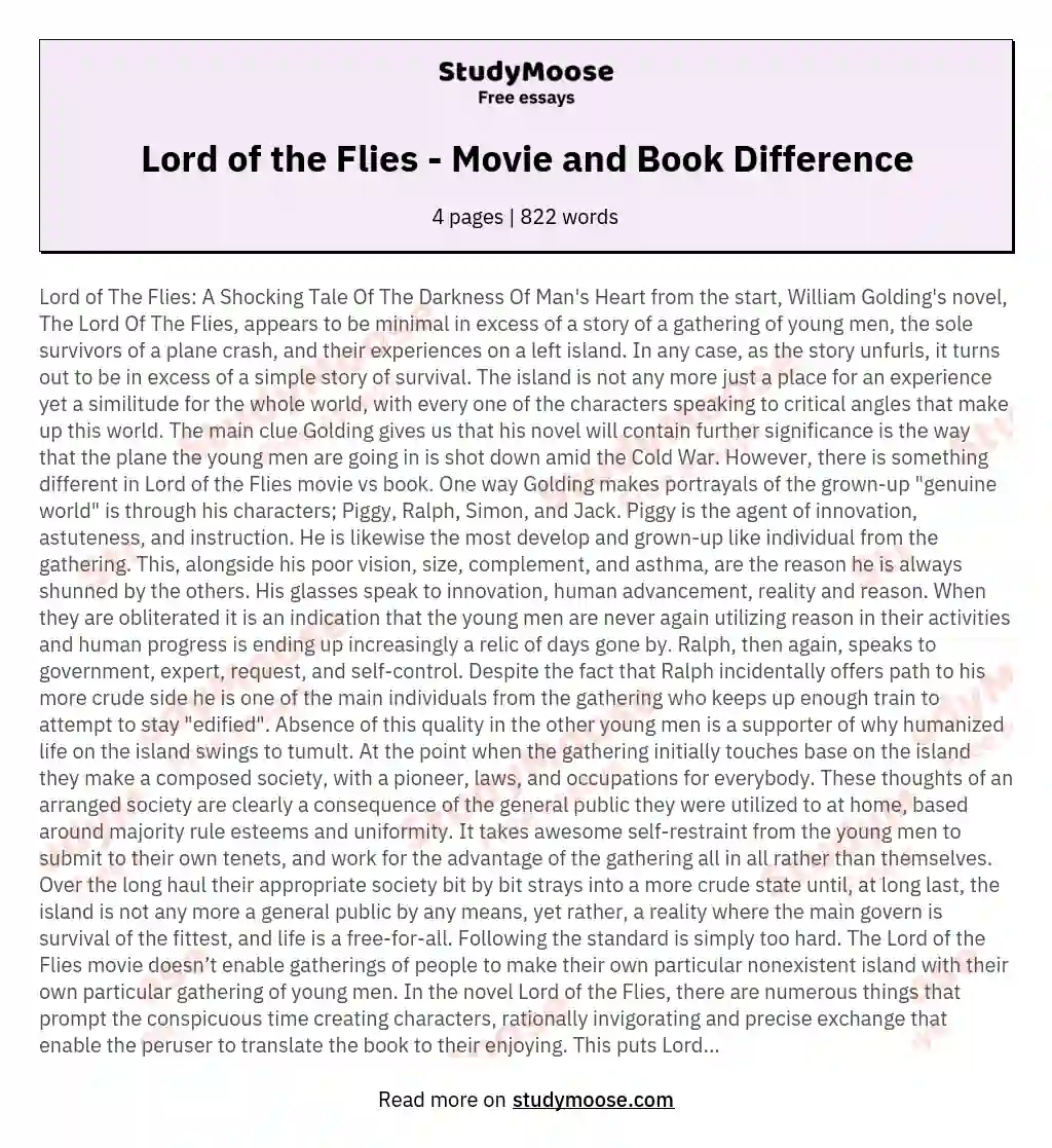 Lord of the Flies - Movie and Book Difference essay