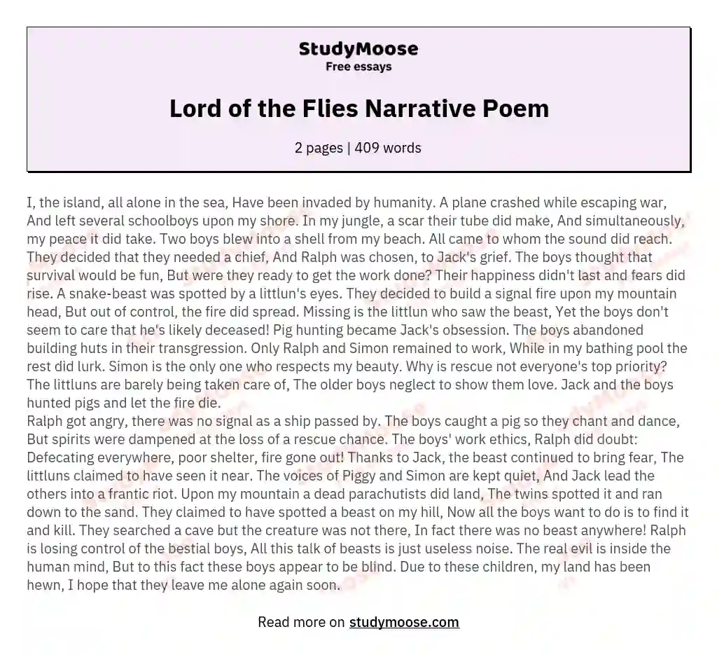 Lord of the Flies Narrative Poem essay