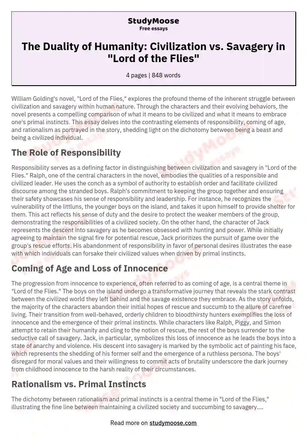 civilization vs savagery in lord of the flies essay