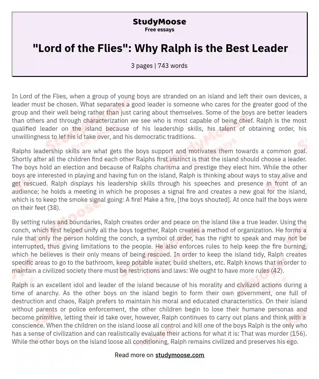 Ralph's Leadership in "Lord of the Flies": A Beacon of Democracy essay