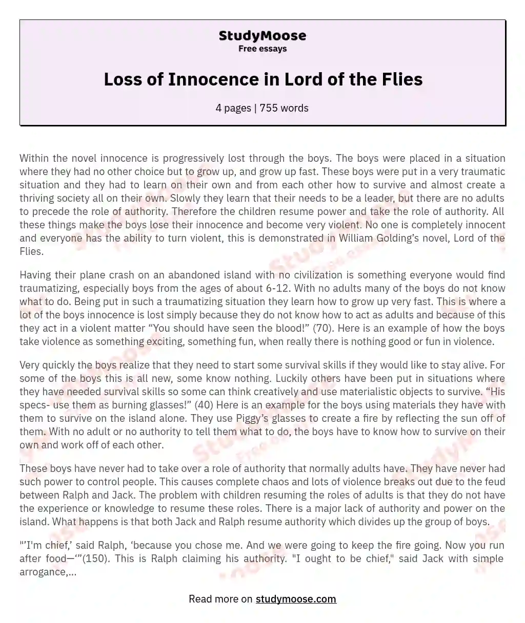 Loss of Innocence in Lord of the Flies essay