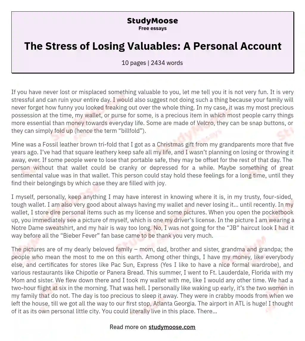 The Stress of Losing Valuables: A Personal Account essay