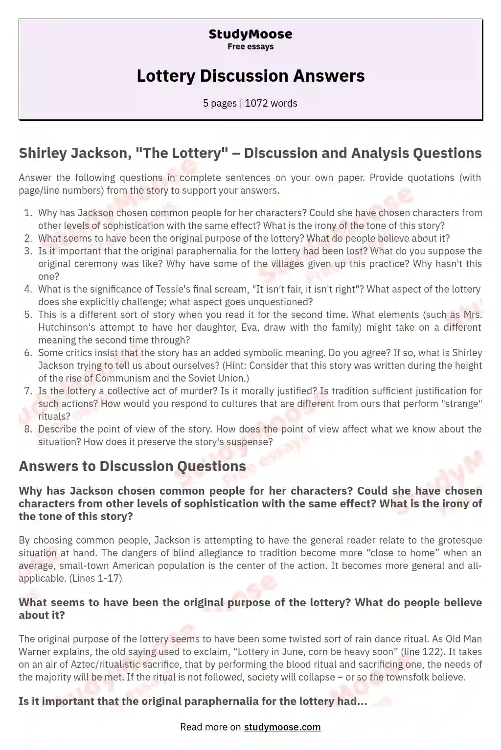 essay questions for the lottery