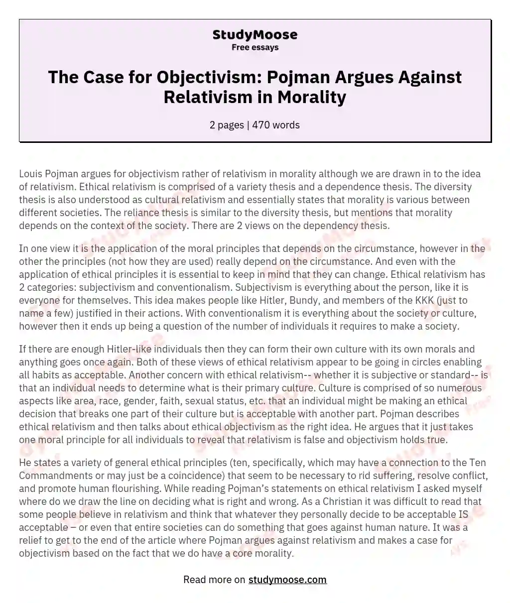 The Case for Objectivism: Pojman Argues Against Relativism in Morality essay
