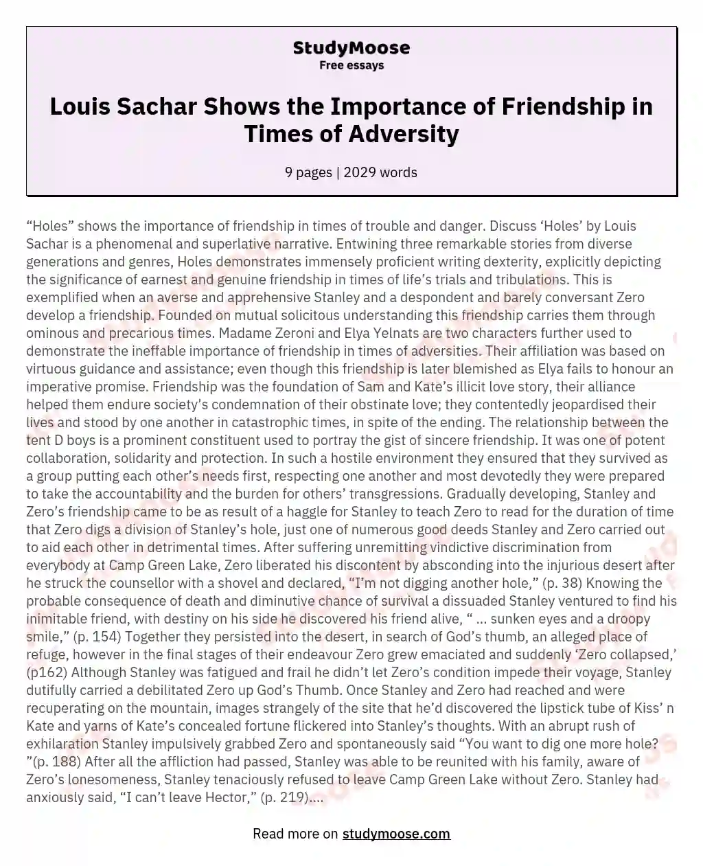 Louis Sachar Shows the Importance of Friendship in Times of Adversity