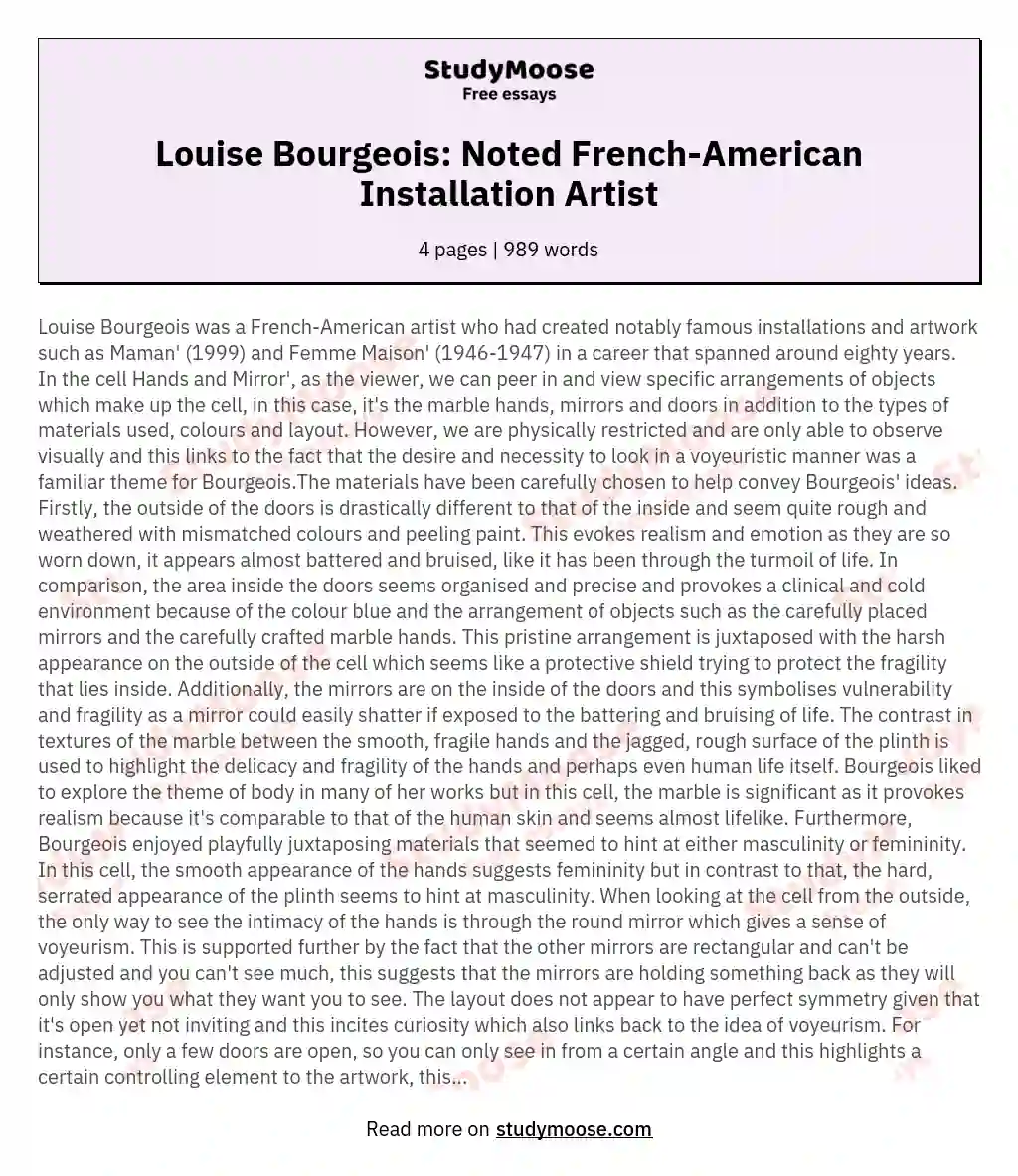 Louise Bourgeois: Noted French-American Installation Artist essay