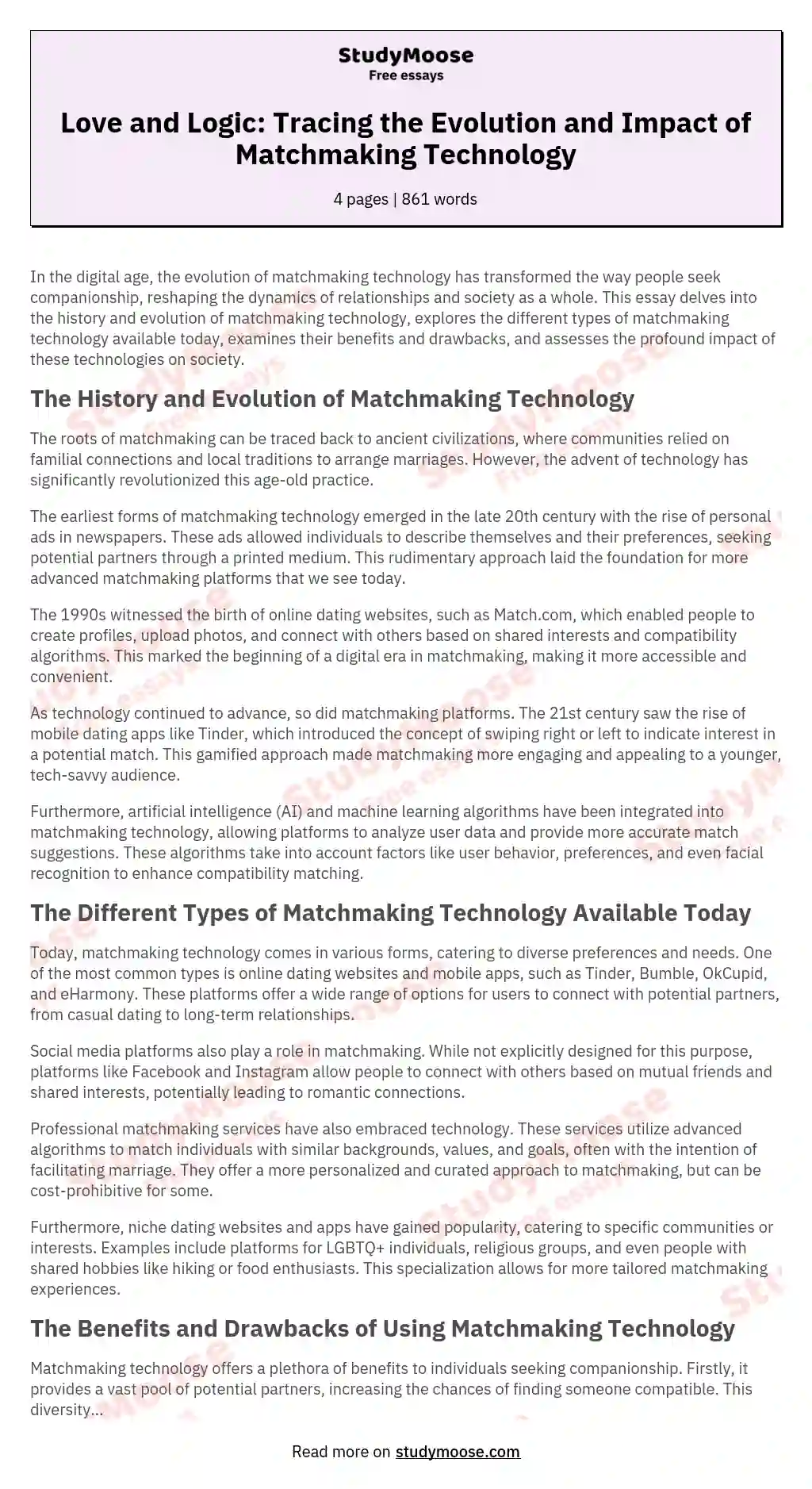 Love and Logic: Tracing the Evolution and Impact of Matchmaking Technology essay