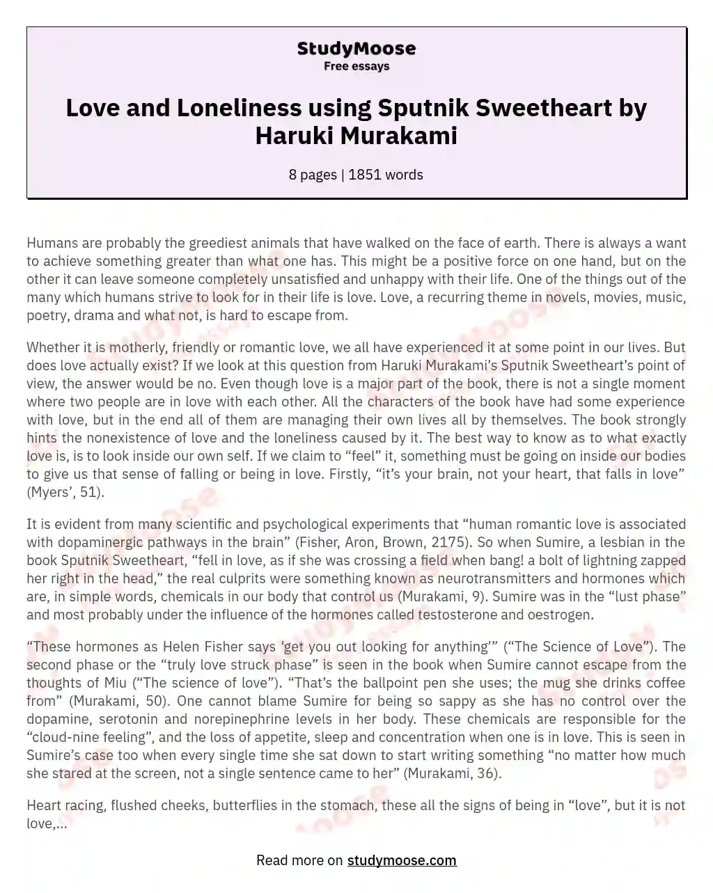 Love and Loneliness using Sputnik Sweetheart by Haruki Murakami essay