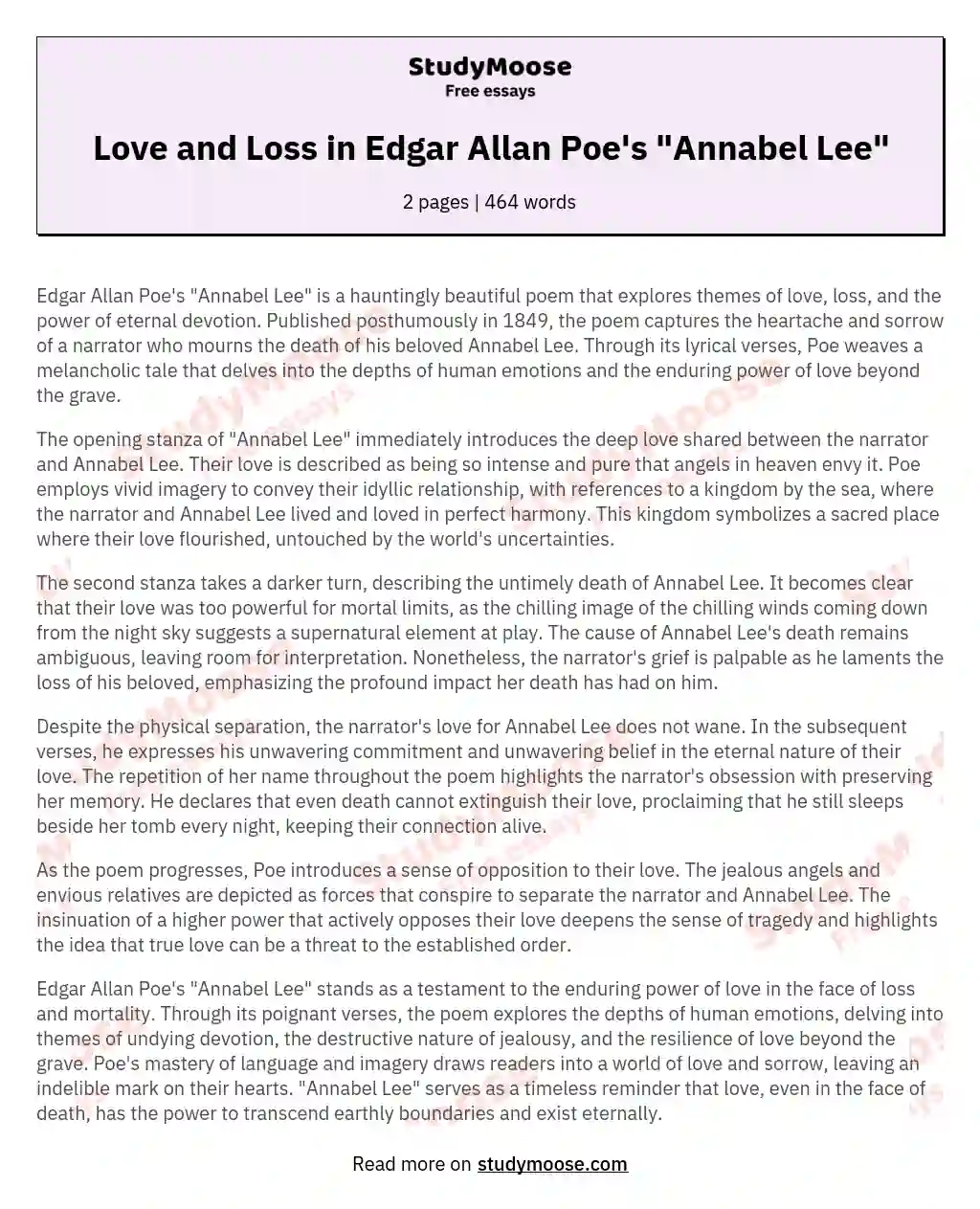 Love and Loss in Edgar Allan Poe's "Annabel Lee" essay