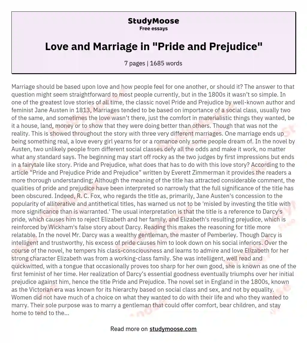 pride and prejudice essay on love