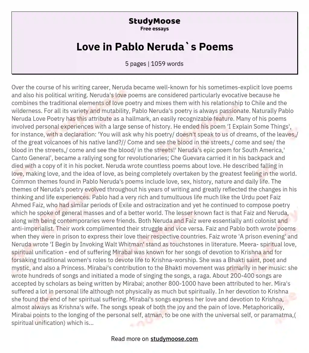 Love in Pablo Neruda`s Poems essay