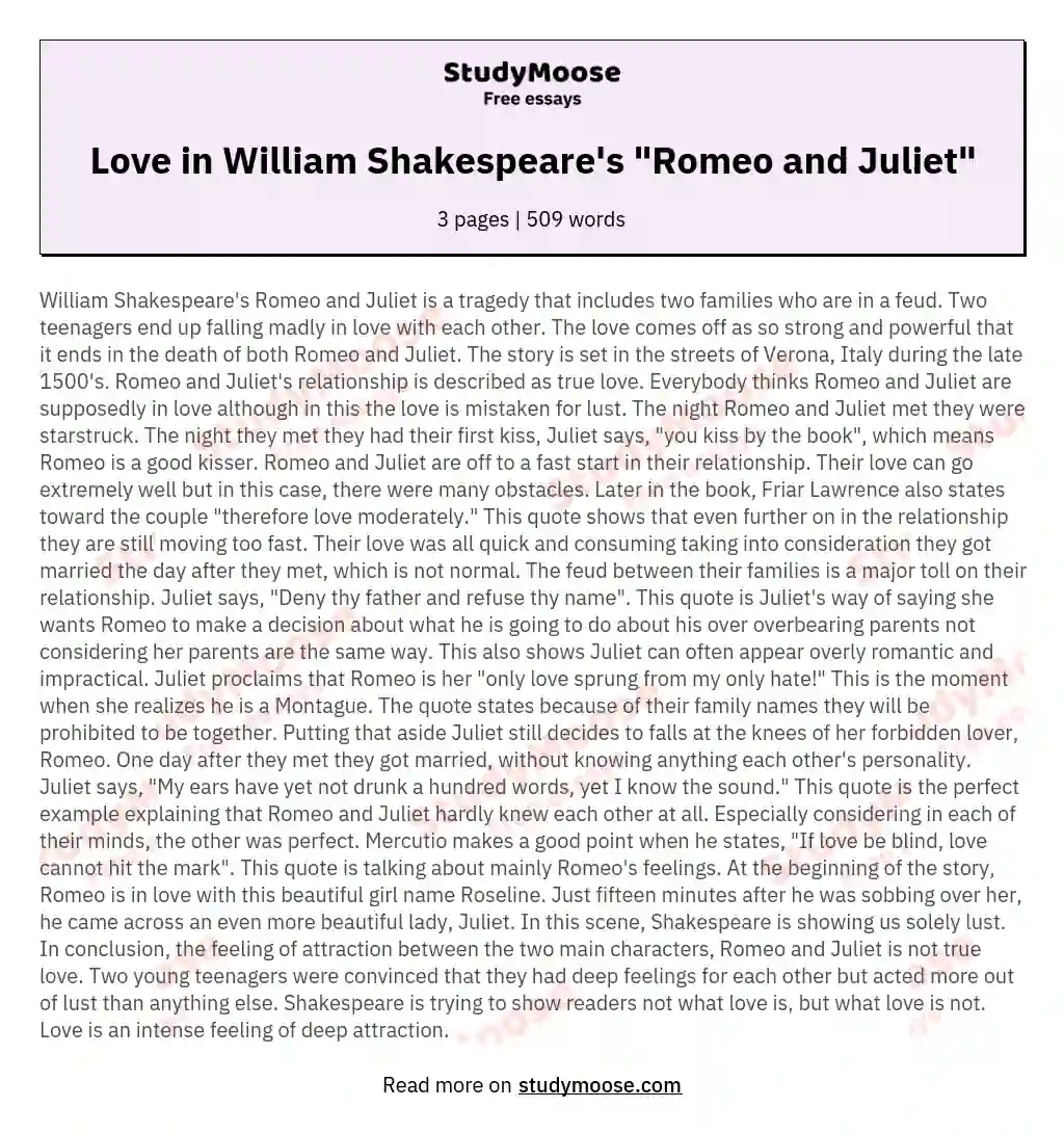 Love in William Shakespeare's "Romeo and Juliet" essay