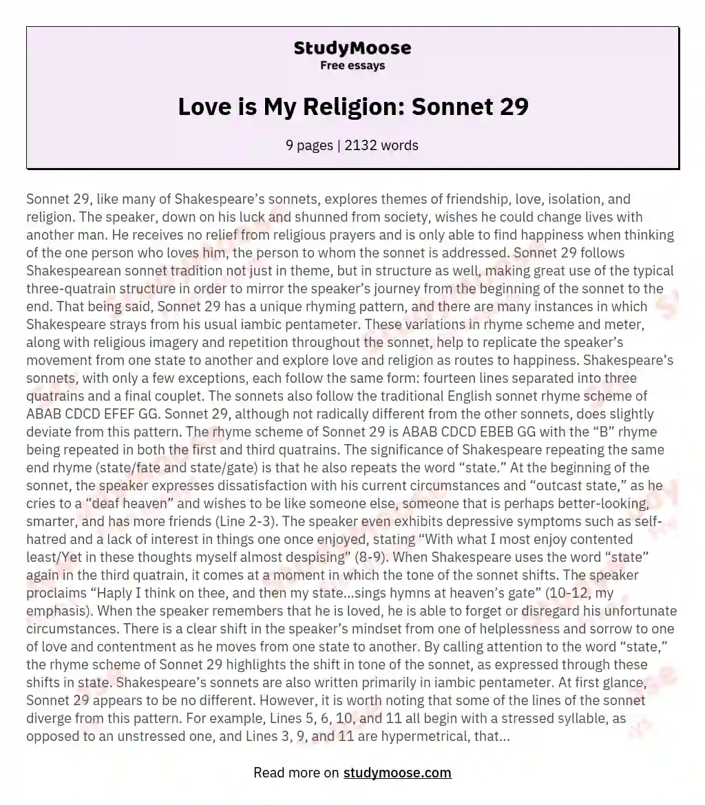 Love is My Religion: Sonnet 29 essay