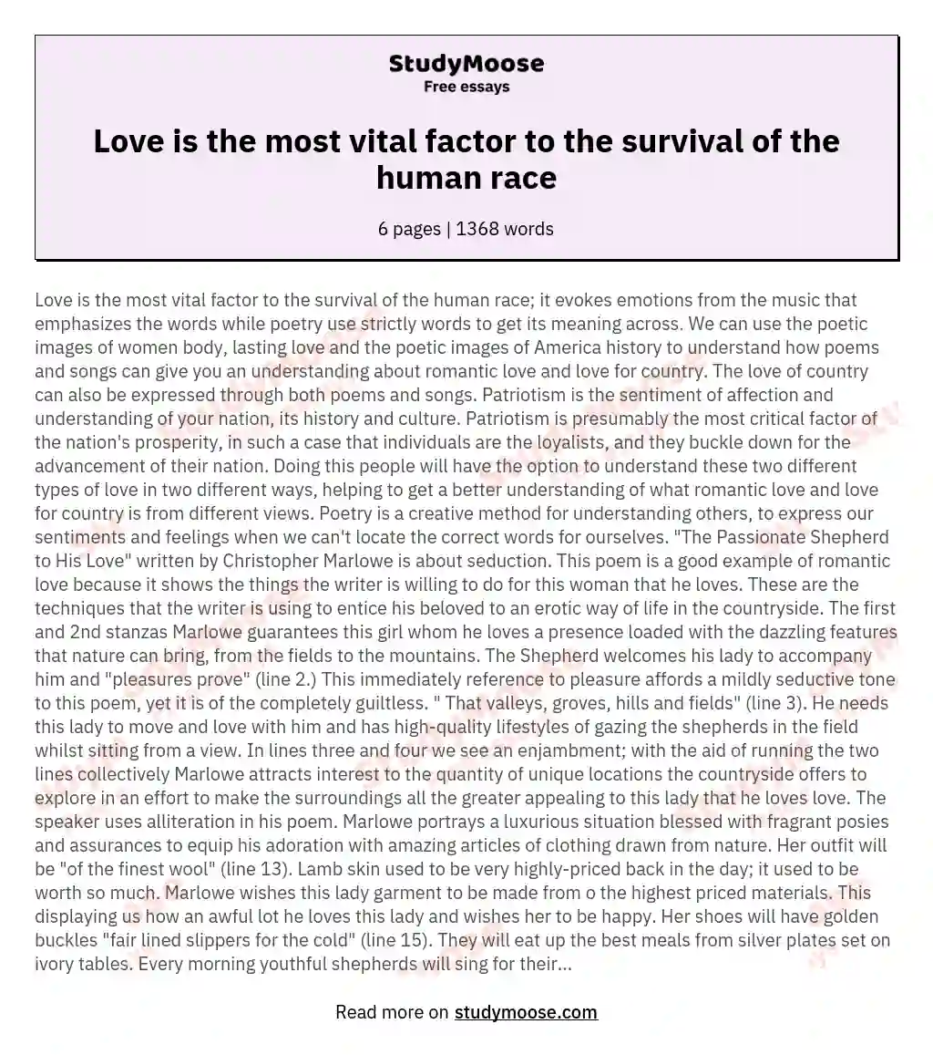Love is the most vital factor to the survival of the human race essay