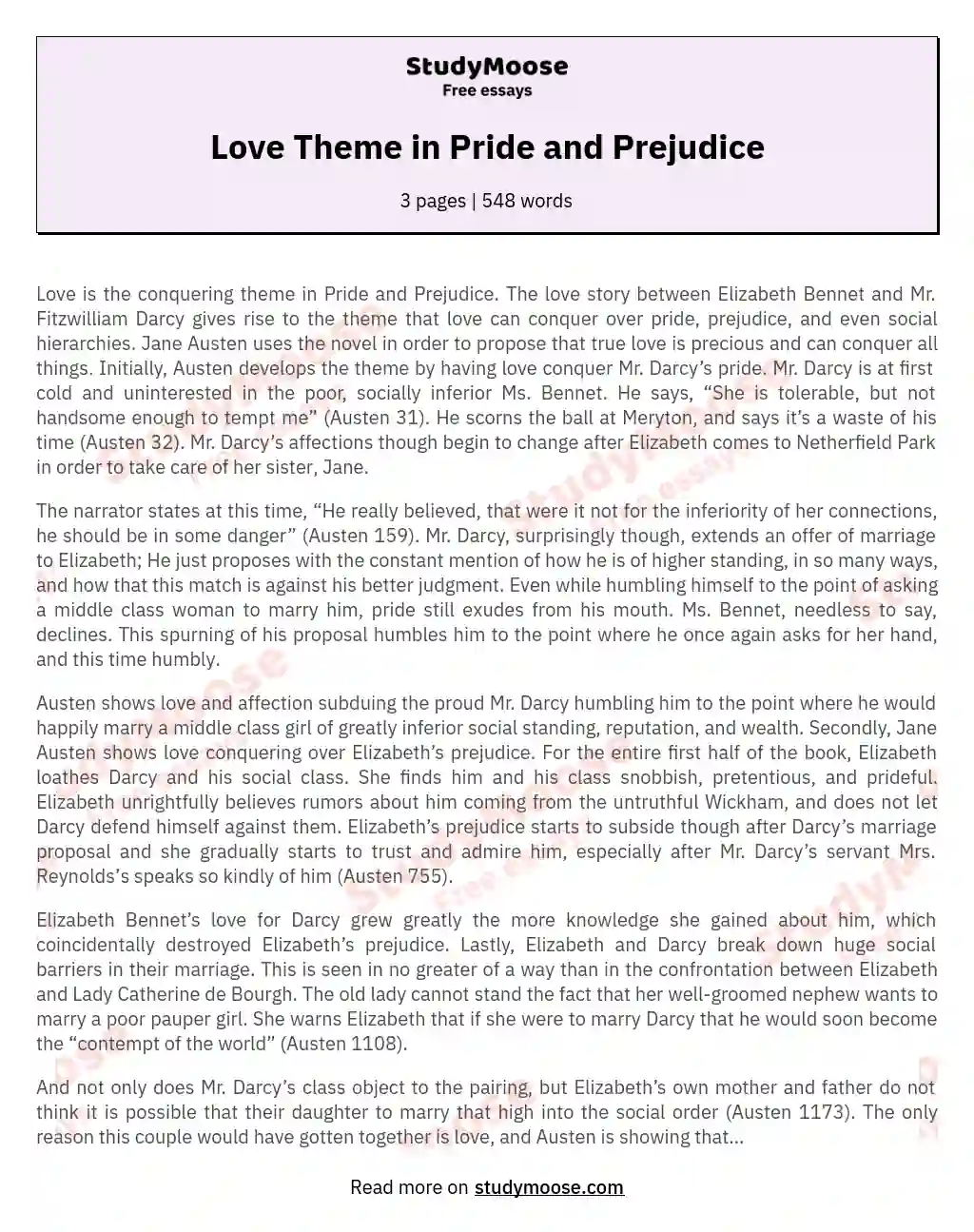 Love Theme in Pride and Prejudice essay