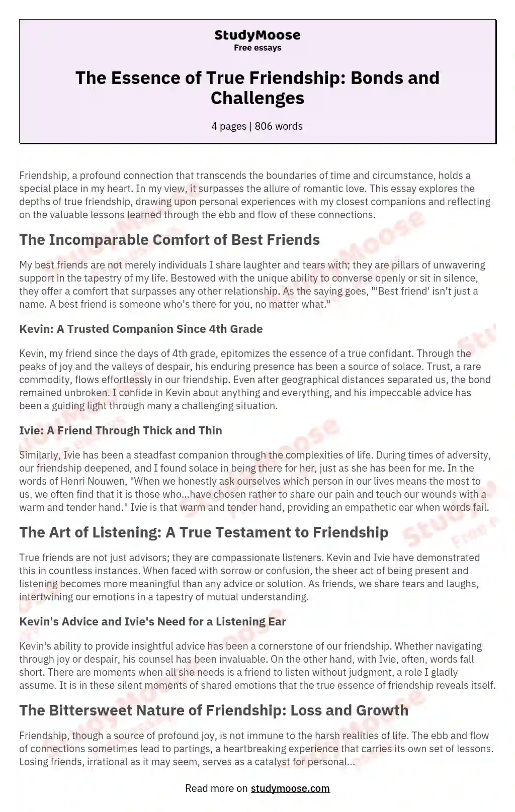 The Essence of True Friendship: Bonds and Challenges essay