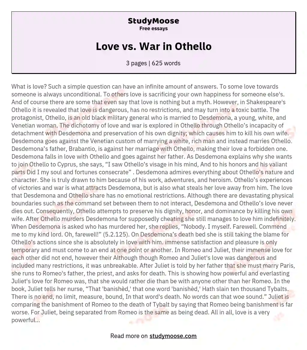 Love vs. War in Othello essay