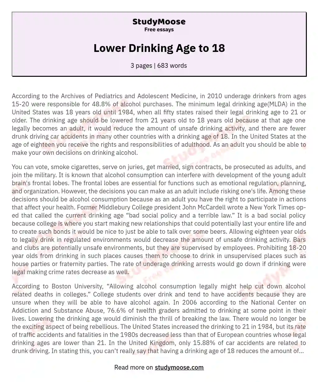 Lower Drinking Age to 18 essay