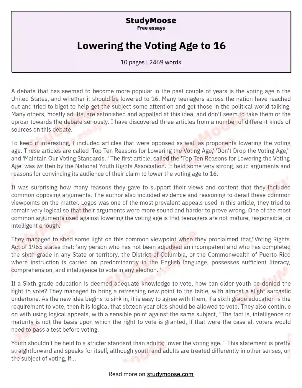 Debate on Lowering Voting Age: Perspectives and Arguments essay