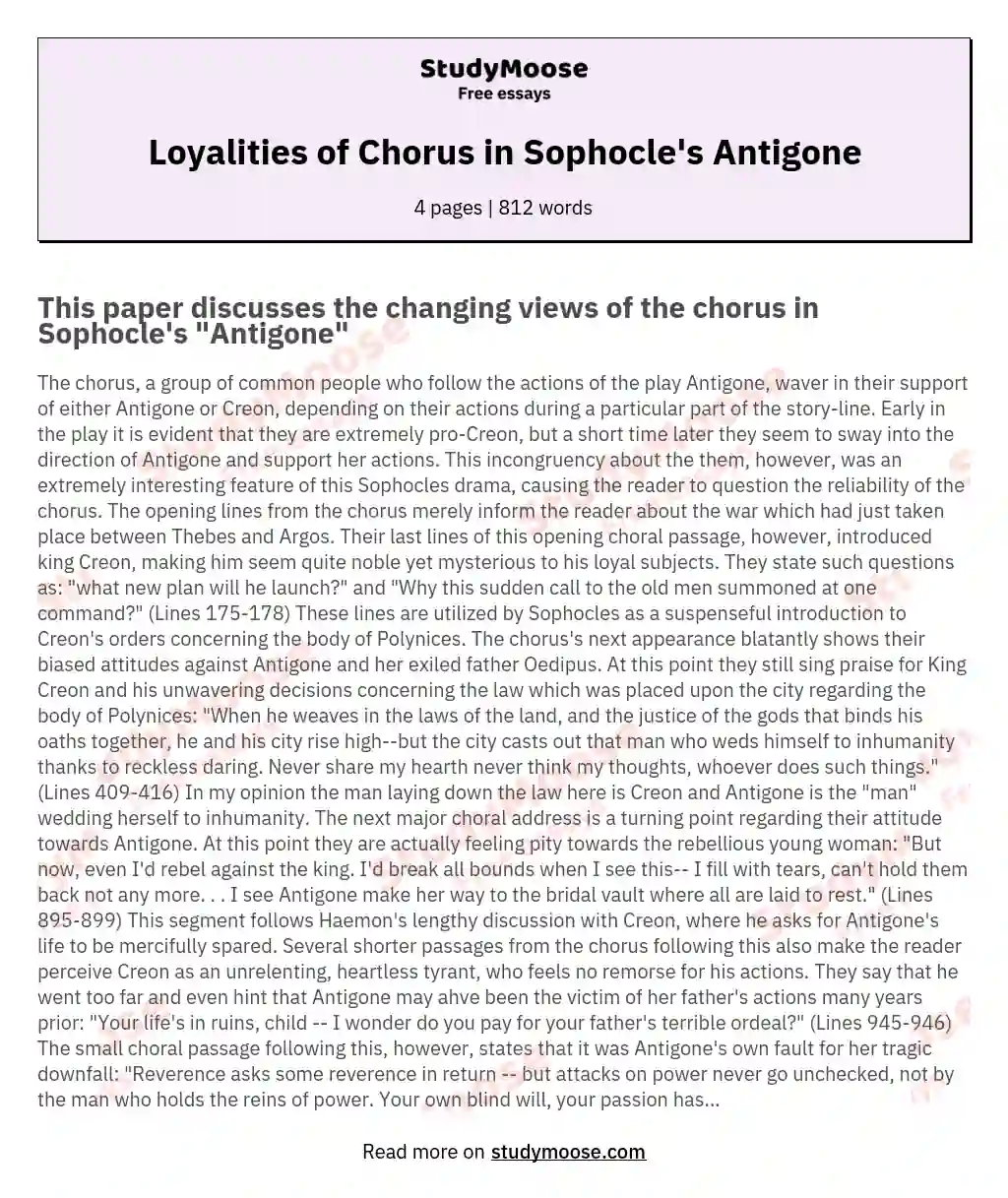 Loyalities of Chorus in Sophocle's Antigone essay