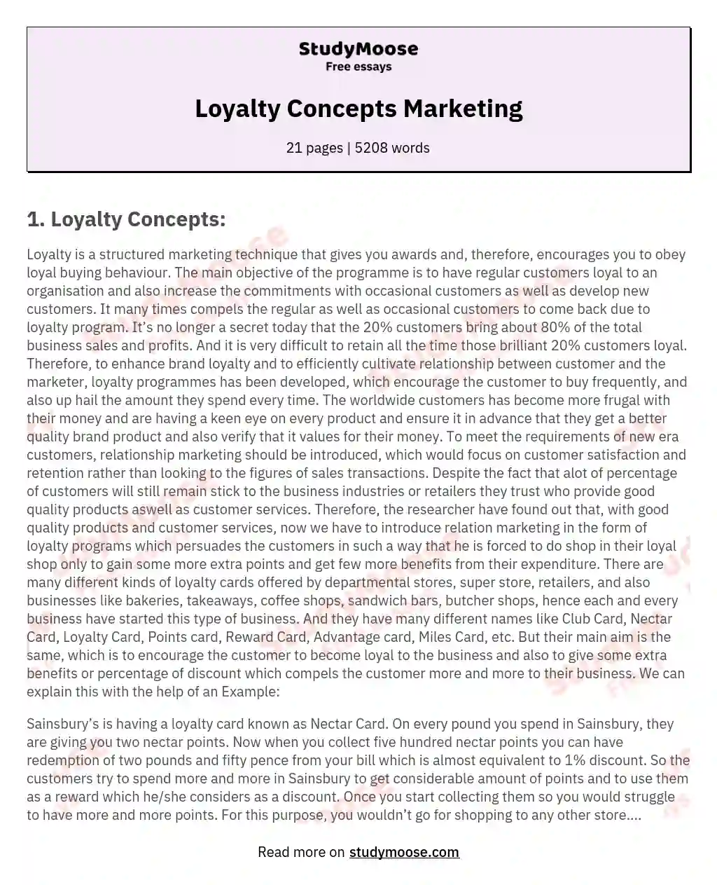Loyalty Concepts Marketing essay