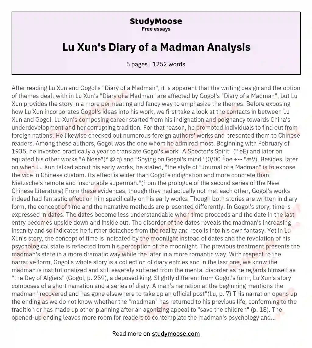 Lu Xun's Diary of a Madman Analysis essay