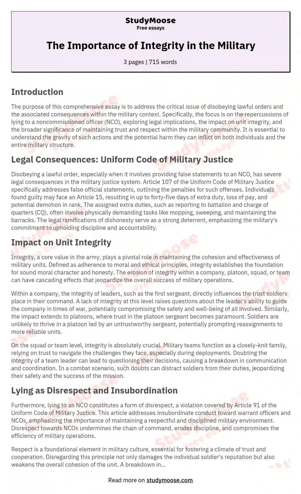 The Importance of Integrity in the Military essay
