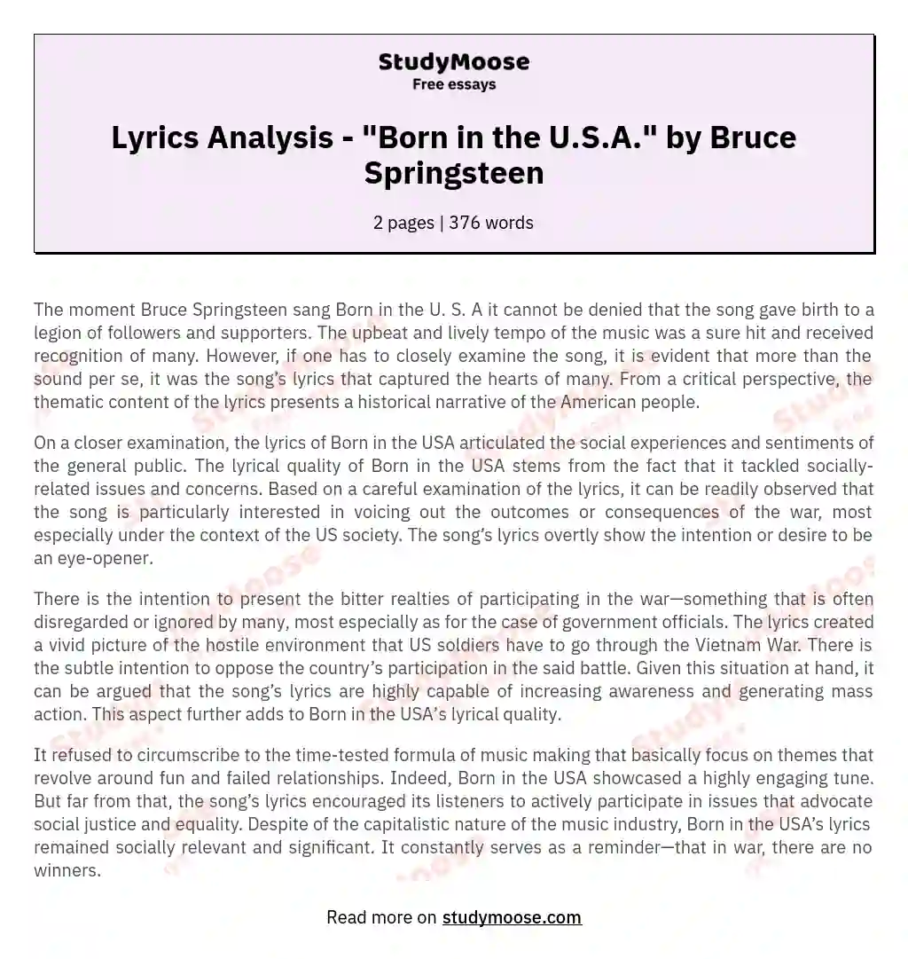 Lyrics Analysis - "Born in the U.S.A." by Bruce Springsteen essay