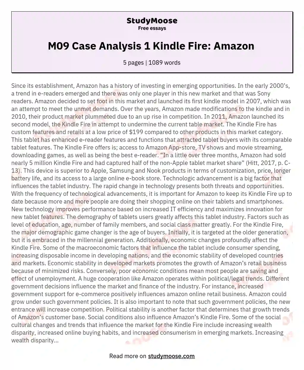 M09 Case Analysis 1 Kindle Fire: Amazon  essay