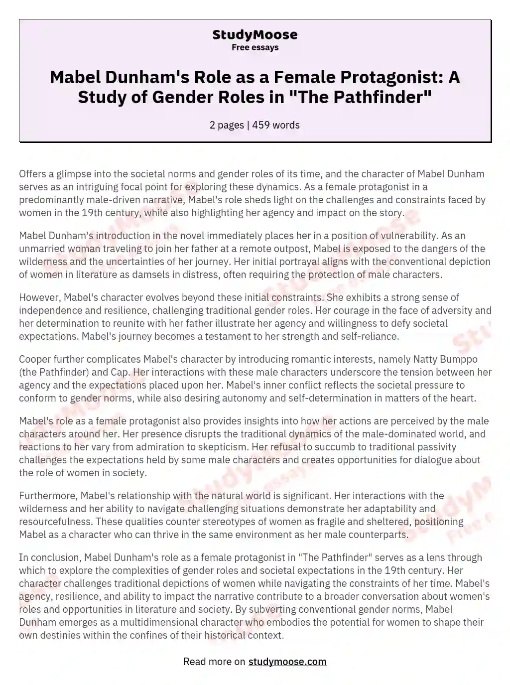 Mabel Dunham's Role as a Female Protagonist: A Study of Gender Roles in "The Pathfinder" essay