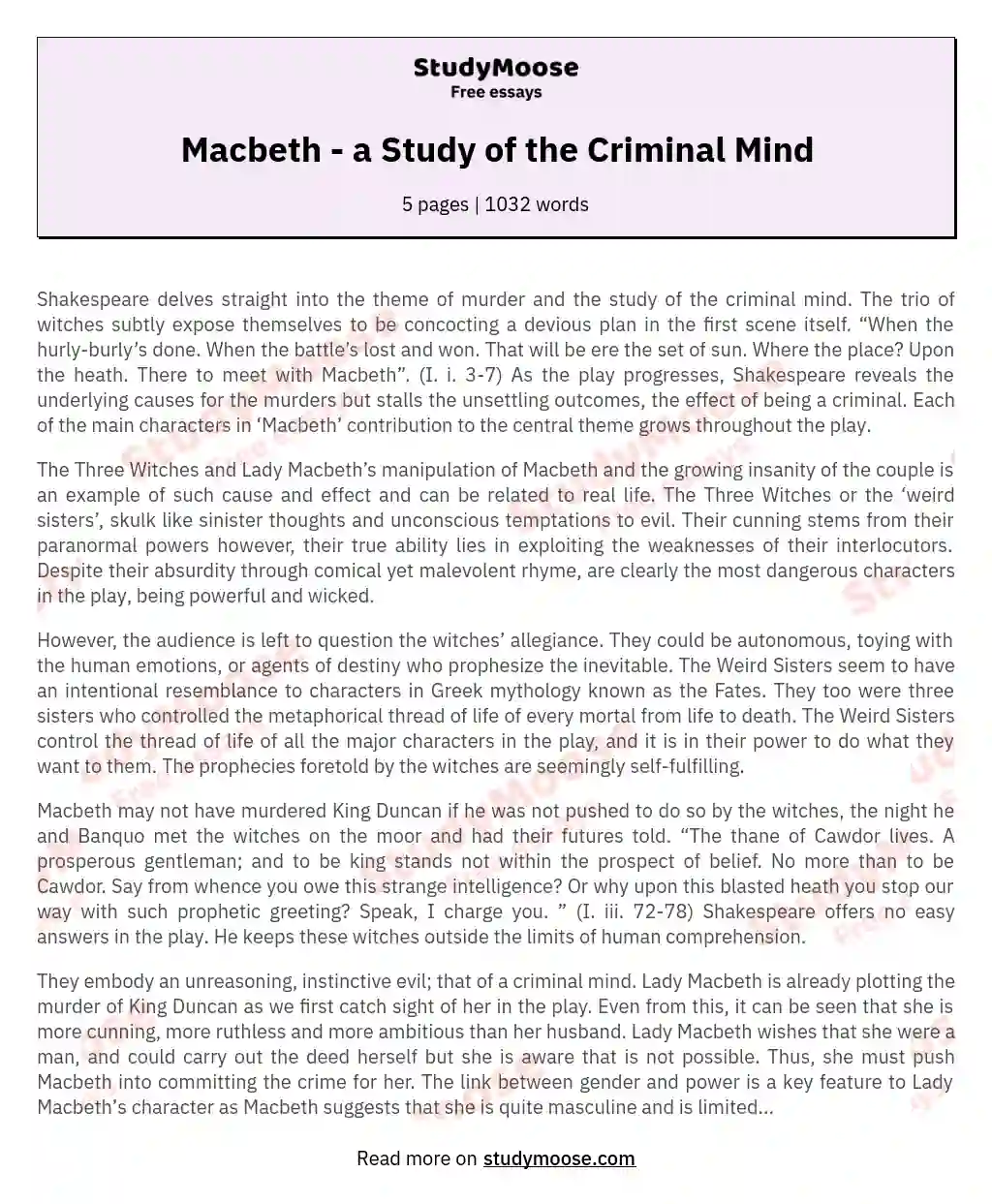 Macbeth - a Study of the Criminal Mind essay