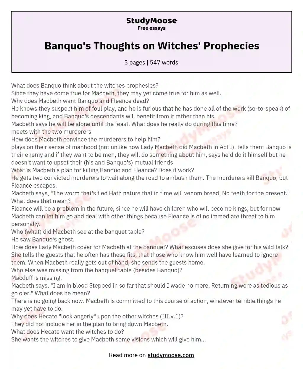 Banquo's Thoughts on Witches' Prophecies essay