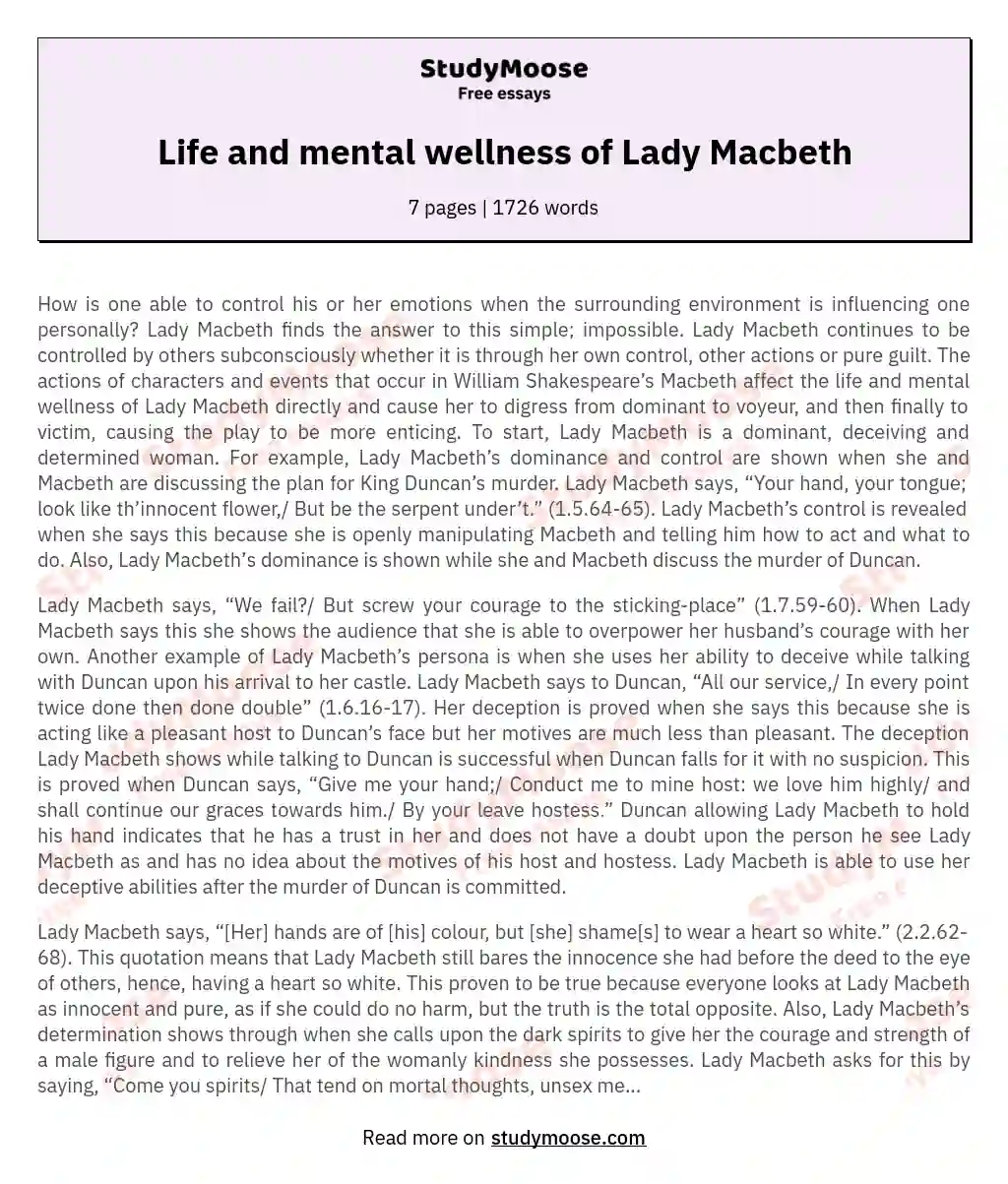 Life and mental wellness of Lady Macbeth essay